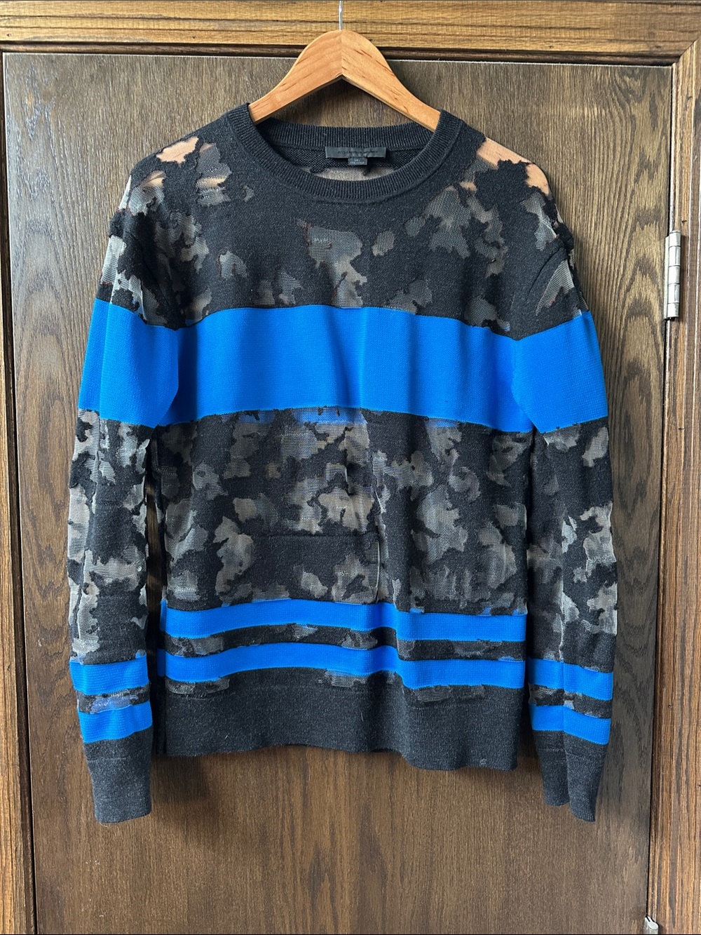 Women’s  Sweater with sheer black mesh with Bright Blue Stripes